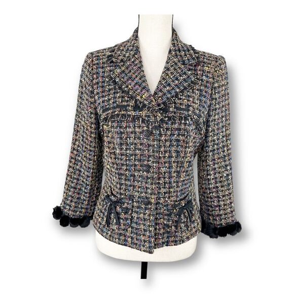Kay Unger Black Multi Tweed Jacket w/Crystal Buttons, Bow Accents Fur Cuff Sz 10 - Picture 1 of 16